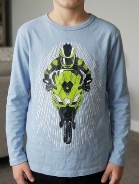 Kids Long-Sleeve Motorcycle Graphic Tee - Light Blue Size 10